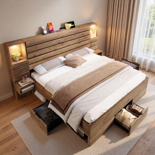 Sapgaks Lit Double en Bois 160x200 avec Spots LED,Port USB+Type-C,Niche éclairée,Tables de Chevet suspendues,tiroirs,Cadre de lit 160x200 avec sommier à...