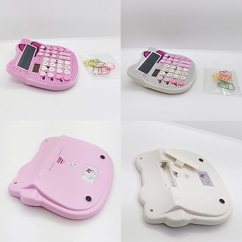 Calculadoras solares de diamantes de imitación blancos y rosados, calculadoras de escritorio con batería de pantalla grande, calculadoras de