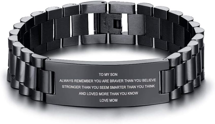 MEALGUETTo My Son Bracelet Gift Love Mom Stainless Steel Courage Inspirational Wristband Bracelets,Birthday Gifts,Graduation Gift from Mom Dad,Christmas Gift to Son,Customized Gift, 8.2 inches, Metal