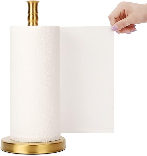 Paper Towel Holder Countertop, Weighted Base for One-Handed Tear, Free Standing Paper Towel Holder Stand, Stainless Steel Paper Towel Dispenser for Kitchen Countertop (Brushed Gold)