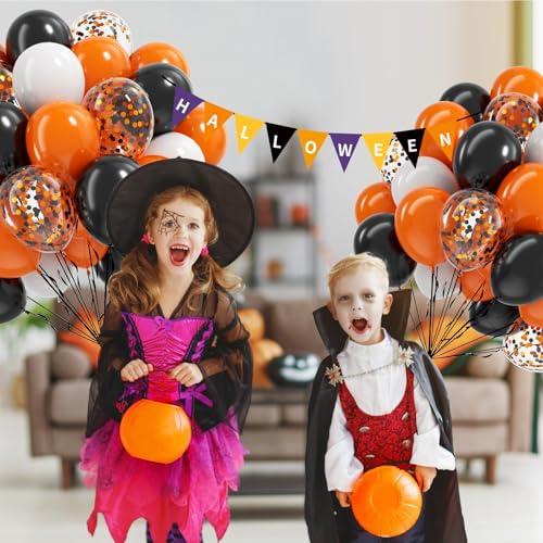 Image of 60pcs Orange and Black White Halloween Balloons, 12inch Black Orange White Latex Confetti Balloons for Ghost Halloween Birthday Party Decorations