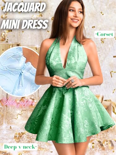 Image of ShawGobow Jacquard Corset Dress,Deep V Halter Mini Dresses with Bow Back,Sexy Birthday Outfits Women Homecoming Prom Formal