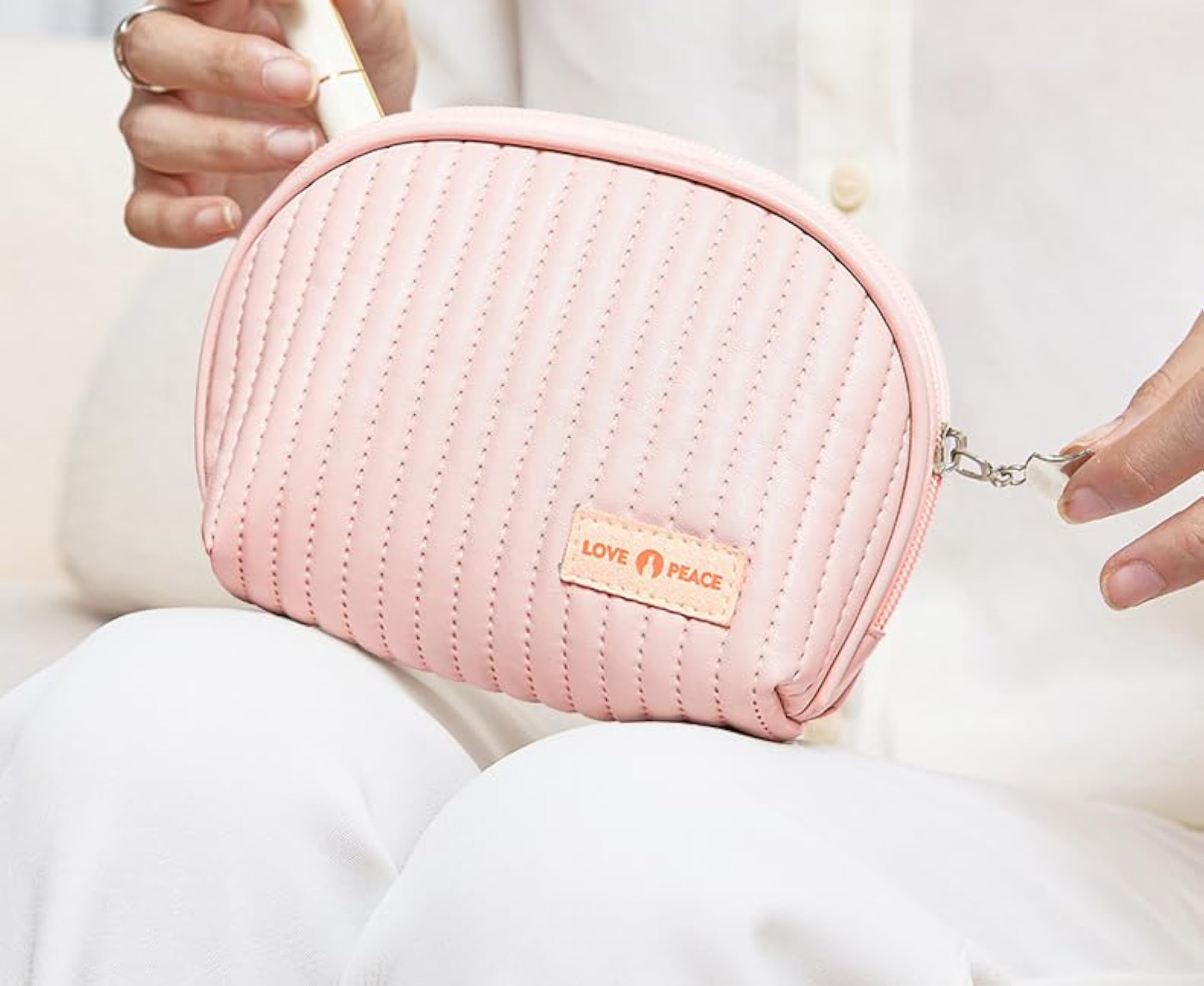 Women's Pink & Cream Half Moon PU Leather Makeup Bag