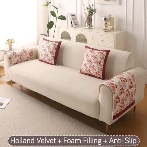 Image of HOKIPO 'Florentina Series' Premium Holland Velvet Sofa Arm Cover with Foam Filling & Anti Slip Backing | 2 Pcs | Autumn Cream (IN-876-V3*2S)