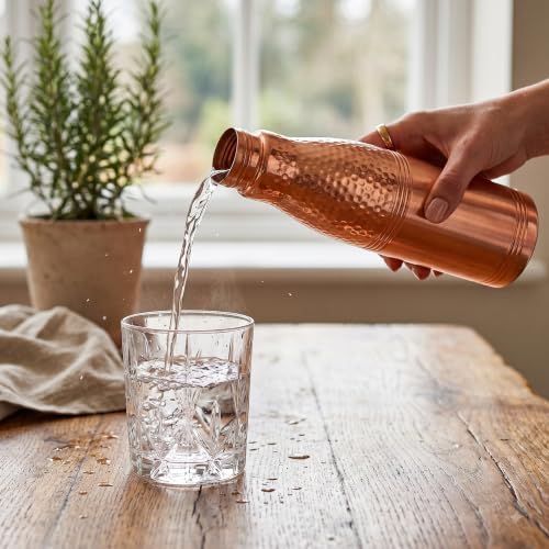Image of Copper-Master 1 Liter Pure Copper Water Bottle - Loban Bottle Half Hammered Dual Finish, Leakproof Ayurvedic Tamra Jal Vessel for Home, Gym, Yoga & Office (1000ml / 34 oz)
