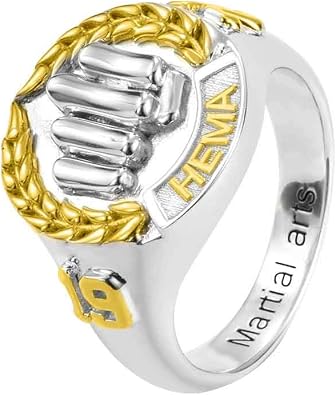 AILIN Custom Fist Martial Arts Championship Ring Sterling Silver 925/Brass Double Colors Personalized Engraved Number Initial Ring Karate Master Sport Lover Jewelry Birthday