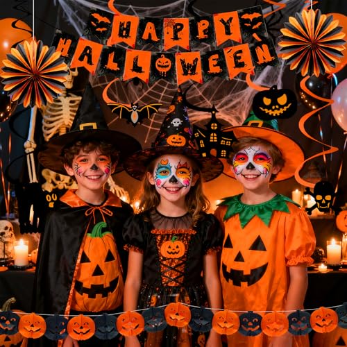 KUKKUME Halloween Deko Set: Happy Halloween Banner, Kürbis Girlande, Spiralen, Seidenpapierfächer, 3D Fledermaus - Schwarz, Orange