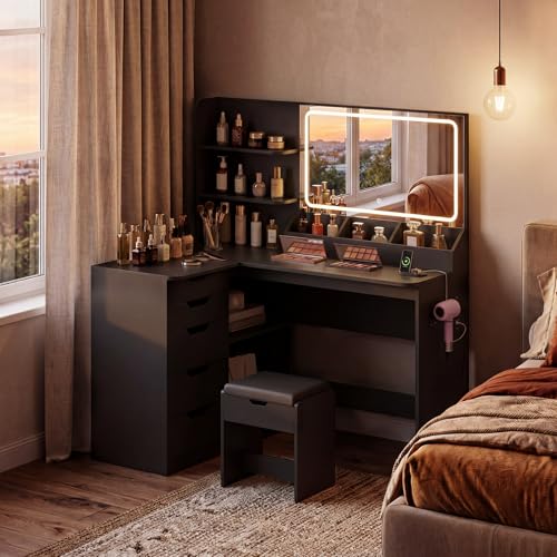 Airfish Tocador de Maquillaje Grande con Taburete, Mesa de Maquillaje en L de Esquina con Espejo Grande y Luces LED, con 5 Cajones 2 Enchufes 2 Puertos USB, 120 x 65 x 136(H) cm Negro