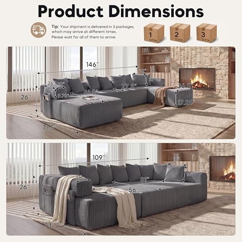 Image of Oversized Cloud Boneless Couch with Chaise, 146 inch Modern U Shape Modular Deep Seat Sectional Sofa, Comfy Corduroy Upholstered Couches for Living Room, No Assembly Required-Dark Grey
