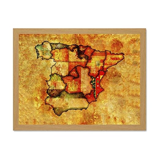 Doppelganger33 LTD kartor spanska regioner Spanien kappa vapensköld flagga design konst stor inramad konst tryck affisch väggdekor 45 x 60 cm levereras redo att hängas upp