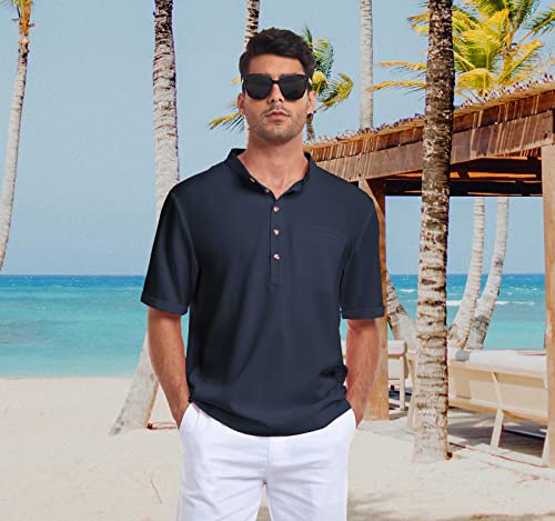 Geek Lighting Mens Black Henley Linen Shirt Casual Button Up Beach Shirts Short Sleeve Casual Work Business T Shirts L #TOP5