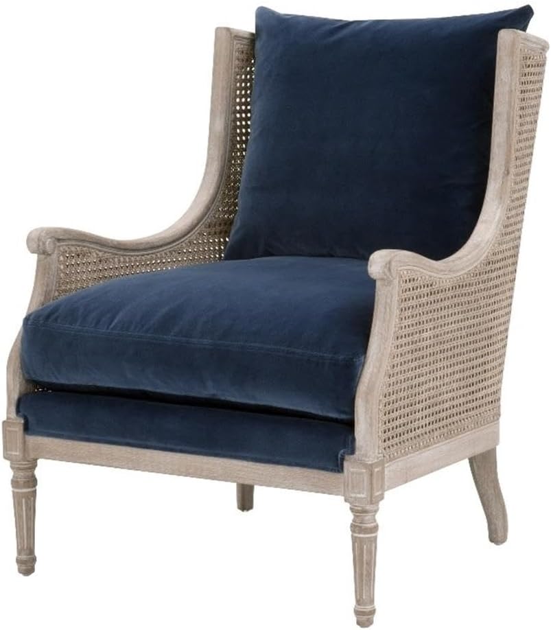 Pemberly Row Contemporary Cane Wingback Club Chair, 36" H x 29" W x 30" D, Velvet and Rattan Frame, Denim Blue Upholstery, Natural Gray Finish, Scroll Armrests, Carved Legs, Living Room Accent Chair
