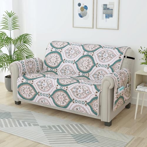 Story@Home Quilted Sofa Cover 2 Seater Fully Covered 120 X 175Cm Microfiber Sofa Cover 2 Seater Ivory & Ocean Green Motif & Paisley Sofa Cover for Living Room | Create Your Own Customized Set