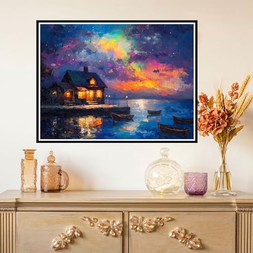 Xiaboor Diamond Painting Junto al lago Diamond Painting Adultos Manualidades Punto de Cruz Diamante Arte de Cristal Kit, 5D DIY Pintura de Diamante Niños Kit Completo 60x80cm Vista nocturna Z#-425