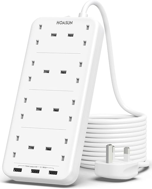 Extension Lead with USB Slots, [3250W/13A 1800J] ] Plug Extension, 3.1A Fast USB Extension Lead, Power Strips with 8 Way Outlets 3 USB Ports, Socket with 5FT Bold Extension Cable for Home Office