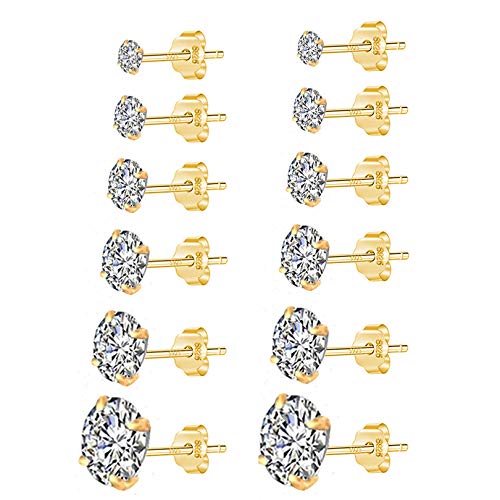 6PAIRES-Boucles d’Oreilles en Argent 925 et Zircone Cubique Ronde Puce d’Oreilles pour Femmes Hommes Filles Bijoux Cadeau Noël Anniversaire Clou d’Oreilles 3/4/5/6/7/8mm Or Jaune Cover