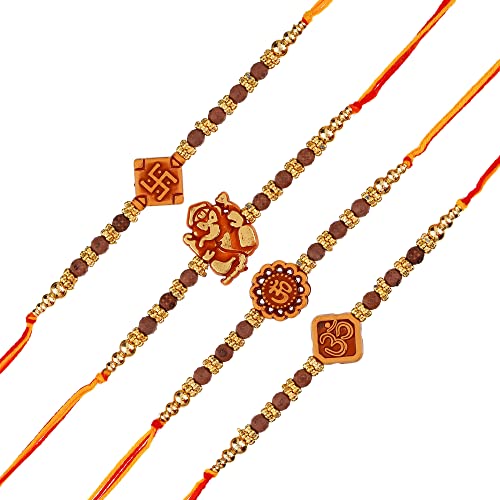 Image of eCraftIndia Set of 4 Rakhi Combo Hamper | Red Golden & White Beads Pearl Diamond Designer Rakhis