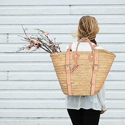 Leather Straps Market Basket Backpack Palm Leaf Backpack, Straw