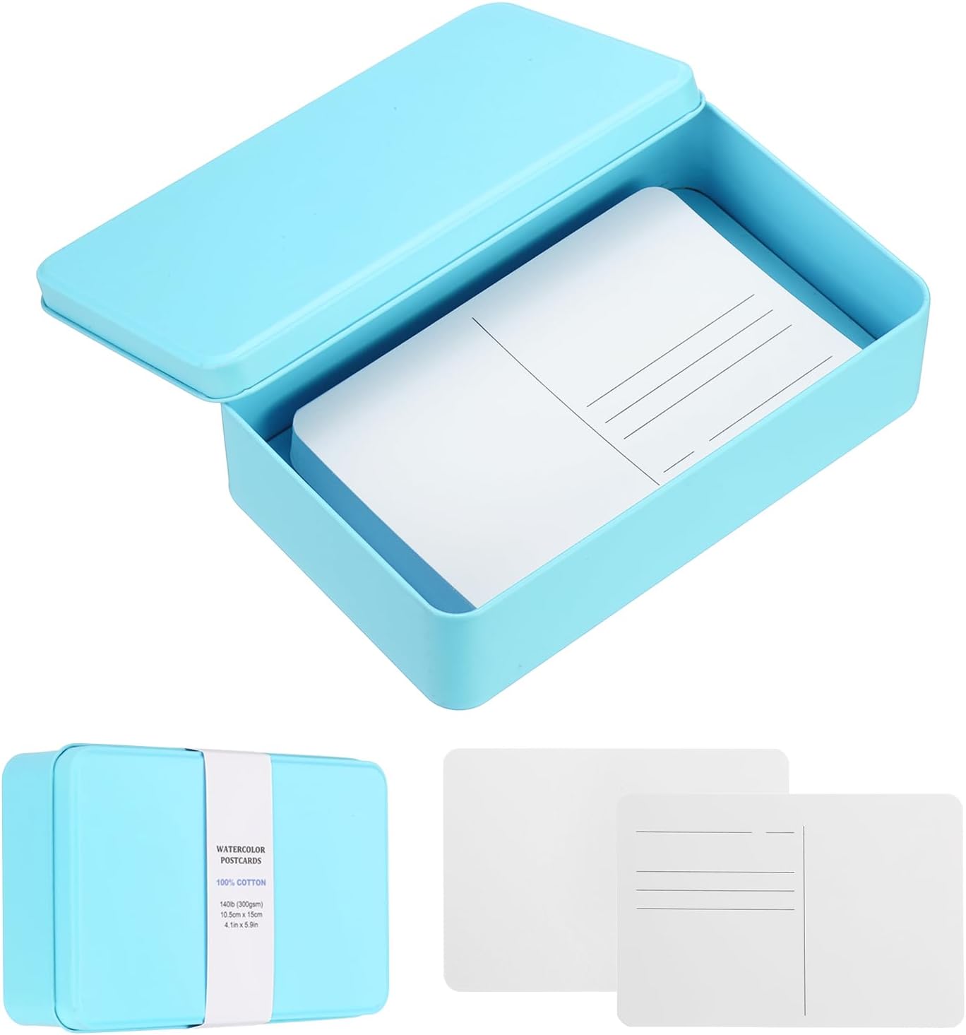 MECCANIXITY 40 Sheets Watercolor Postcards, 100% Cotton 4x6 Inch Watercolor Paper with Blue Tin Box Blank Postcards Rough for Mailing Painting Invitations Greeting Cards(140lb/300gsm)