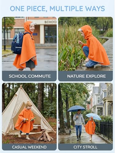 Image of Haloumoning Kids Hooded Rain Poncho Girls Waterproof Lightweight Reusable Raincoat Jacket 4-14 Years