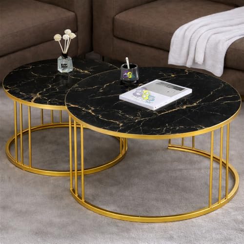 Image of Coffee Table Round Sofa Small Side Table Nesting Table, Modern Negotiation Table Combination Table, Suitable for Living Room Bedroom Side Table (Golden Black)