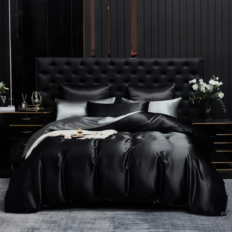 Gezu Satin Bettwäsche 220x240cm Schwarz Grau Bettwäsche Weich Atmungsaktiv Satin Glänzend Luxus Bettbezug 220x240 Sommer Weich Seide Bettwäsche Set mit Reißverschluss und 2 Kissenbezüge 80x80cm