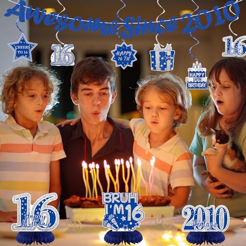 Image of Crenics Blue 2010 16th Birthday Decorations for Boys | Awesome Since 2010 Banner, Bruh I'm 16 Banner, Honeycomb Centerpieces and Hanging Swirls for 16 Years Old Party Supplies