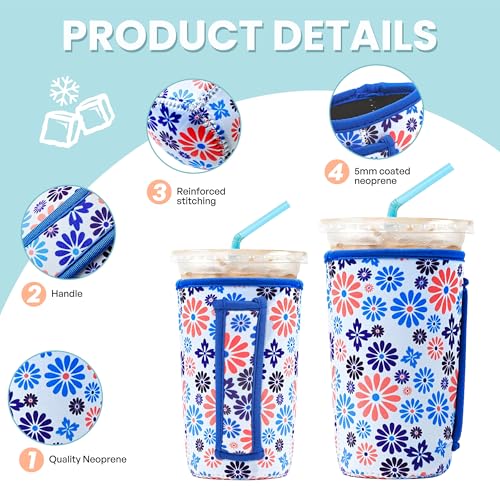 Image of KJQJLY 3 Pack Reusable Iced Coffee Sleeves for Iced Coffee Cups or Drinks Reusable Neoprene Insulated Sleeves for Hot and Cold Drinks from Starbucks, Dunkin, And More (Blue Flower)