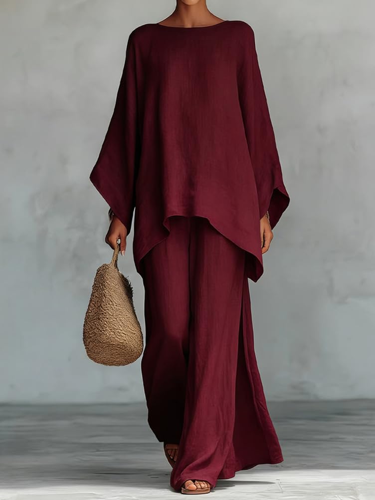 shownicer Ensemble Femme Coton et Lin 2 Pièces Chic et Elegant Tenue Manches Longues Tops Et Pantalon Ensembles en Lin Décontractée Ete Tenue