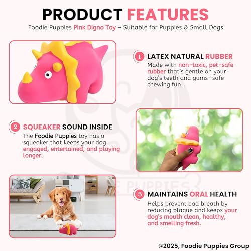 Image of Foodie Puppies Dog Squeaky Chew Latex Rubber Toy - (Pink Digno) for Small Dogs & Puppies | Durable, Soft, Animal Design, Fetch & Chew Safe Play Toy | Reduce Separation Anxiety