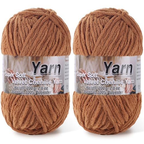 Image of 2 * 200g /7oz Chunky Chenille Yarn for Baby Blanket Yarn for Crocheting - Super Soft Chenille Plush Yarn - Bulk Thick Yarns Used for Making Scarves, Blankets, DIY Craft (Coffee)