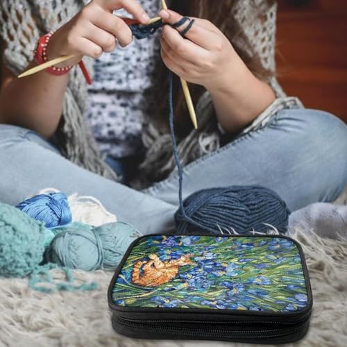 Image of Irise Cat Crochet Hook Case Portable Crochet Storage Organizer with Web Pockets Knitting Needle Case for Airports and Parks
