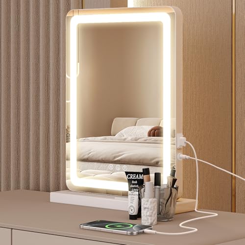Sweetcrispy 18"x13" LED Vanity Mirror with Lights, Dimmable 3 Color Modes Makeup Mirror with Memory Function, USB Charging, Aluminum Frame, Lighted Mirror for Desk, Bedroom, Living Room