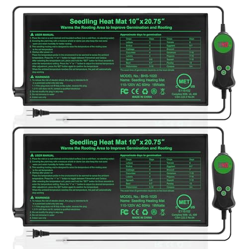 Seedling Heat Mat with Built-in Temperature Controller (2 Pack) 10 x 20.75 Plant Heating Pad with Thermostat for Indoor Seed Starting Germination Hydroponics Waterproof