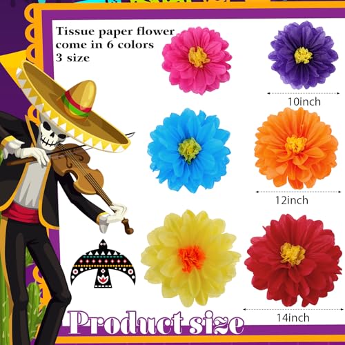 Image of Geyee 36 Pcs Mexican Paper Flowers Colorful Fiesta Tissue Paper Flowers Pom Poms Mexican Carnival for Floral Party Backdrop Wedding Birthday Party Craft (10 inch 12 inch 14 inch)