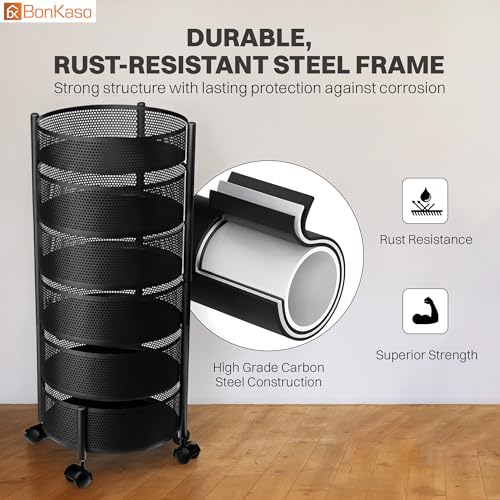Image of BonKaso 6-Layer Round Multipurpose Kitchen Trolley with Swivel Storage Basket & 360 Rotating Wheels, Black Steel Frame, Easy Mobility, Space-Saving and Durable