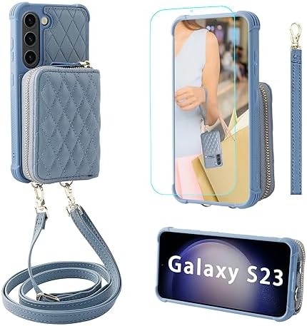 MONASAY Zipper Wallet Case for Samsung Galaxy S23 5G 6.1", [Screen Protector ][RFID Blocking] Flip Leather Handbag Phone Cover with Card Holder& Crossbody Shoulder Lanyard Strap,Light green