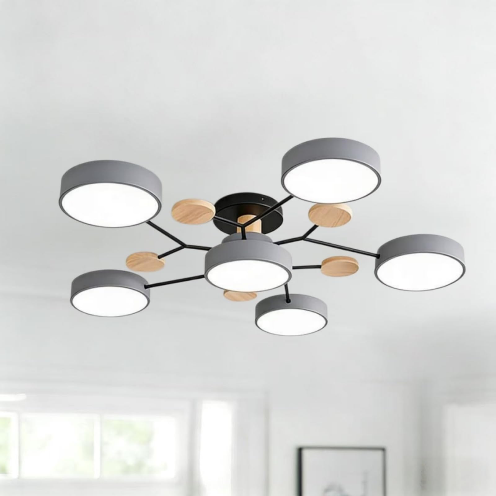 Ceiling Light, Modern Semi Flush Mount Ceiling Light, Nordic Wood Chandelier with Circular Acrylic LED Shade for Living Room, Bedroom, Dining Room Requires Assembly (Gray, 6 Heads, 3-Color Light)