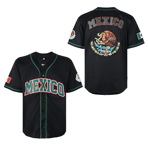 Camisa masculina de beisebol hip hop manga curta com botão águia do México costurada, Preto, XGG