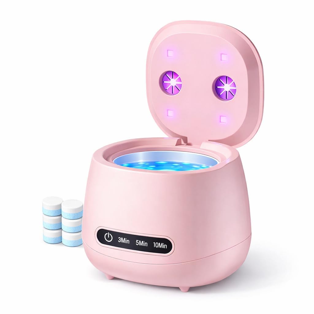 Nail Tools Cleaner, Rechargeable Nail Tool Cleaning and Sterilizer Machine with High-Frequency Vibration and Blue Light 3 Timers Mode for Nail Drill Bits with Cleaning Tablets, Nail Art Brush (Pink)