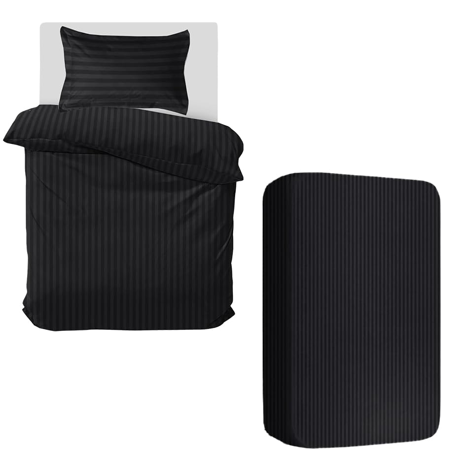 MOONLIGHT20015 3 Piece Single Bedding Set Satin Stripes Duvet Cover Fitted Sheet with Pillow case Hotel Quality Soft Brushed Microfiber Black