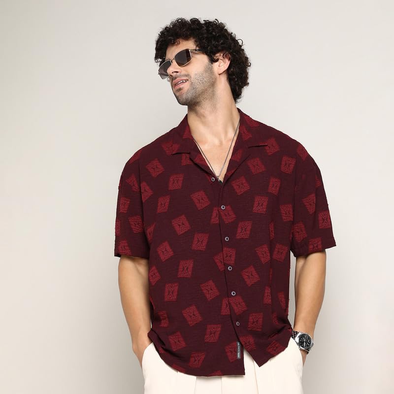 Image of CAHOOT Men's Oversized Shirt for Casual Wear | Cuban Collar | Short Regular Sleeves | Button Closure | Oversized Shirt Crafted with Comfort Fit for Everyday Wear