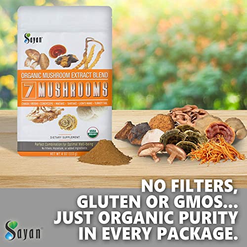 Sayan-7-Mushrooms-USDA-Organic-Extract-Powder-Blend-Supplement-4-oz-113g-Chaga-Reishi-Cordyceps-Maitake-Shiitake-Lions-Mane-and-Turkey-Tail-No-Fillers-Add-to-Coffee-or-Tea-Fruiting-Body