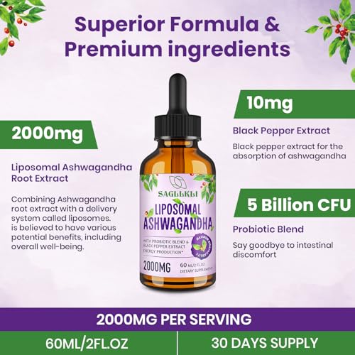 Sagllkli Liposomal Ashwagandha Liquid Drops 2000mg, Ashwagandha Root Extract Supplement (7% Withanolides) with Black Pepper Extract & Probiotics for Focus, Cognition & Energy - 4 FL.OZ (2 Bottle)