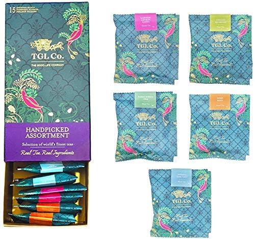 Image of TGL Co. The Good Life Company Natural Green Tea Sampler Box - 16 Assorted Bags: Kashmiri Kahwa, Mogo Mogo, Organic Green - 80 Grams
