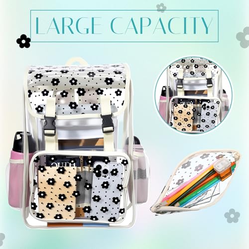 3pcs Clear Backpack Heavy Duty See Through Bookbag with Lunch Bag Pencil Case Key Chain for Women Stadium Approved(Daisy)4