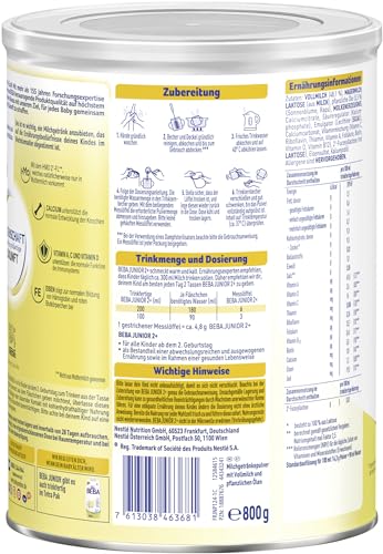 BEBA Junior 2+ Milchgetränk ab dem 2. Geburtstag, Mit HMO, Altersgerecht angepasster Proteingehalt, Nur Laktose, Ohne Palmöl, Ohne Fischöl, Kleinkindnahrung, Baby-Milchpulver, 3er Pack (3 x 800g) – Bild 4