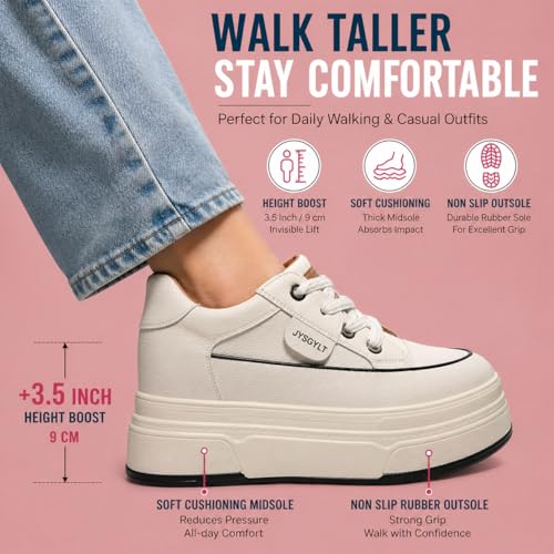 Image of Platform Sneakers For Women - (3 inch-3.5 inch )6cm Heel & 3cm Inner Lift, Comfortable Cushioned Arch Support, Non-Slip Casual Walking Shoes, Microfiber Leather Platform Shoes White Black Red Yellow