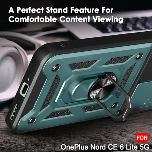 Image of TheGiftKart Tough Armor Bumper Back Cover Case for OnePlus Nord CE 6 Lite 5G | Sliding Camera Cover, KickStand & Ring Holder | 360 Protection Back Cover for OnePlus Nord CE6 Lite 5G (PC & TPU, Green)