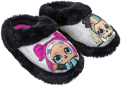 L.O.L. Surprise! Girls Slipper, Easy Slip-on Plush Scuff, 80s BB and VRQT,Kids Size 11-12, Black Silver